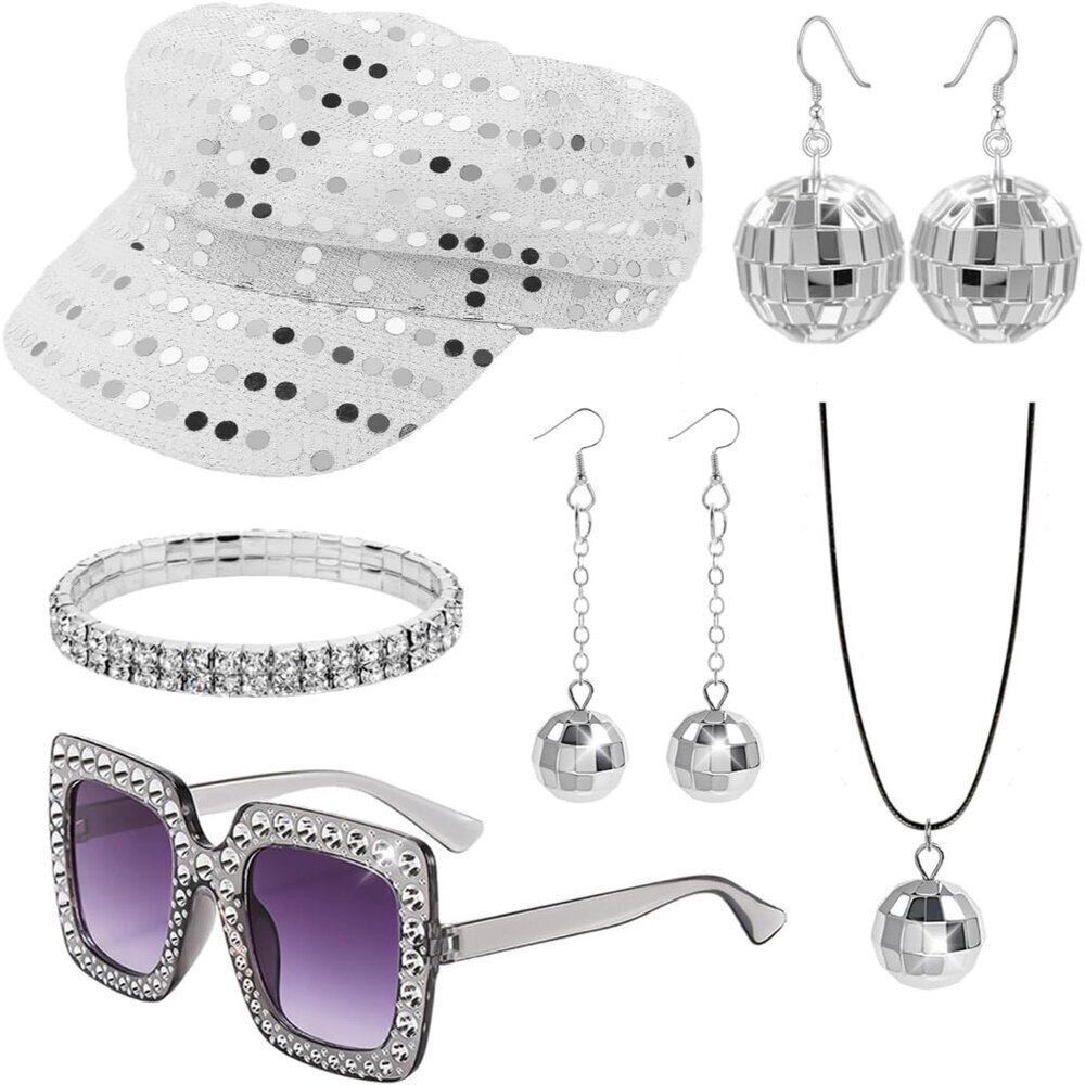 Women's 70s Disco Jewelry Set Sequin Hat Sunglasses Hair Tinsel Accessories